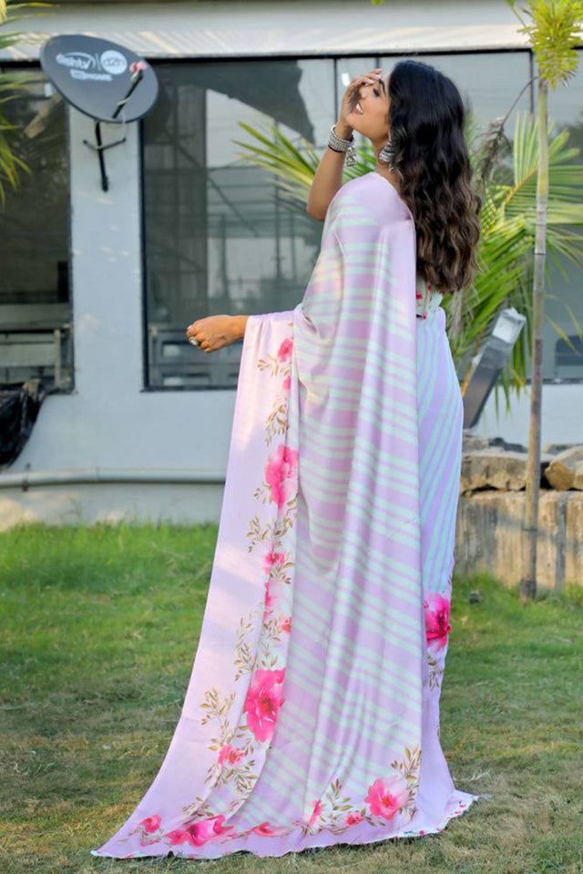 Multi Color Floral Printed Satin Saree