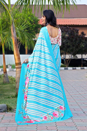 Multi Color Floral Printed Satin Saree