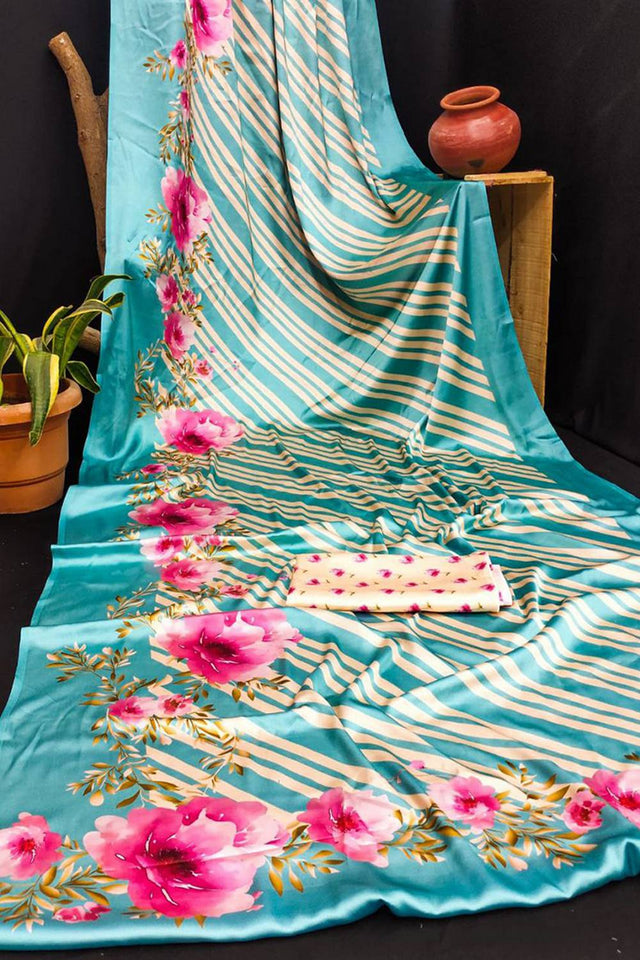 Multi Color Floral Printed Satin Saree