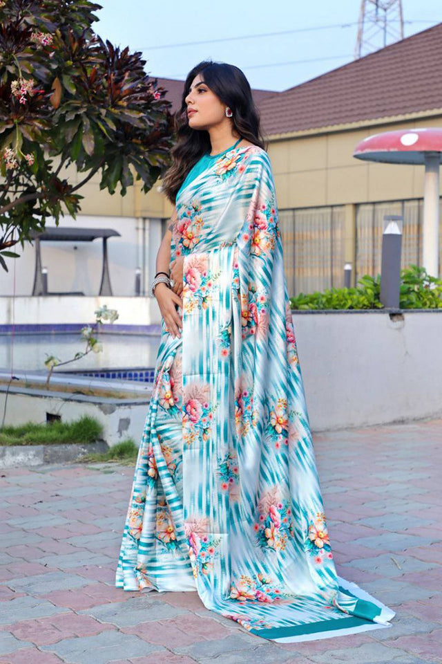 White Floral Printed Satin Saree