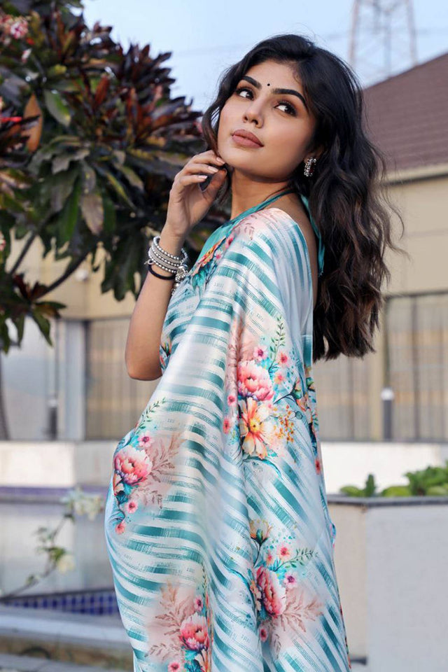 White Floral Printed Satin Saree