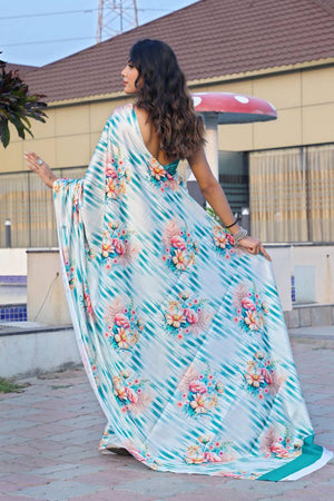 White Floral Printed Satin Saree