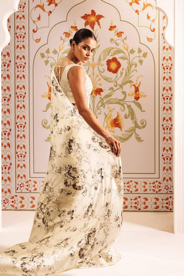 Blue Floral Printed Satin Saree