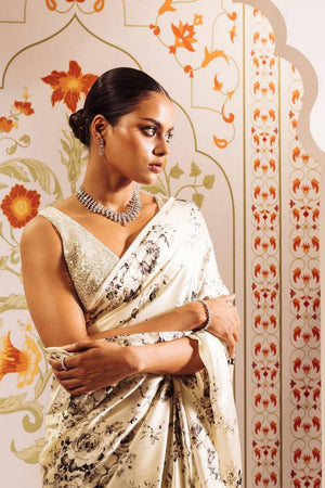 Blue Floral Printed Satin Saree