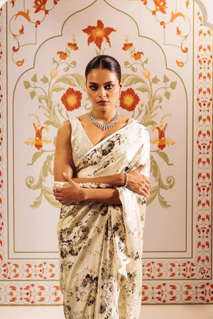 Blue Floral Printed Satin Saree