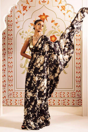 Blue Floral Printed Satin Saree