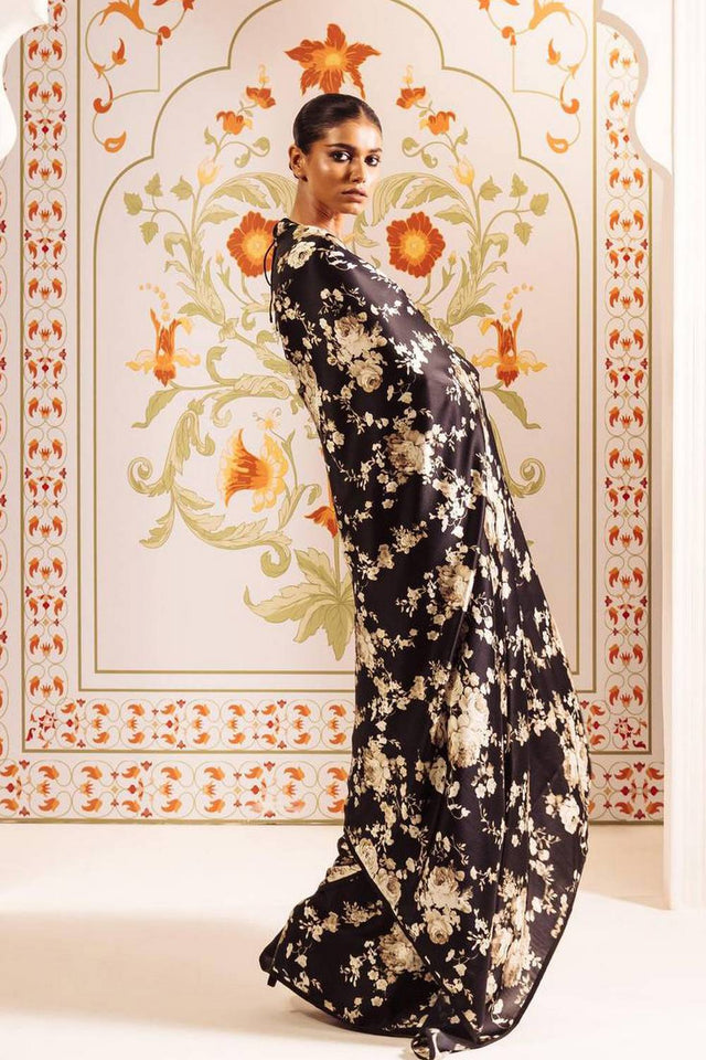 Blue Floral Printed Satin Saree