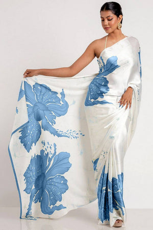 Light Blue Floral Printed Satin Saree