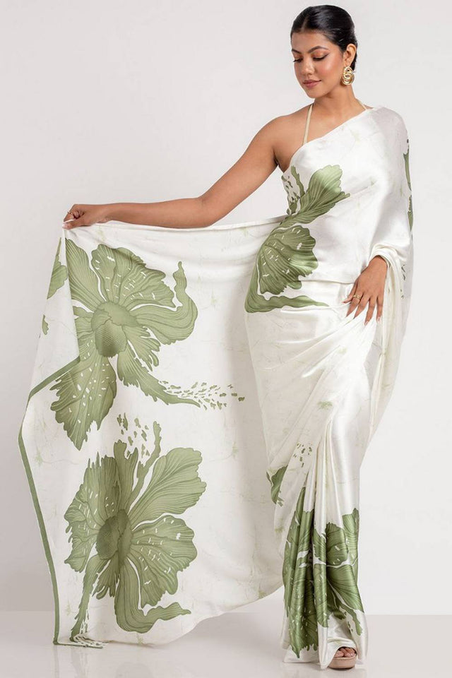 Olive Green Floral Printed Satin Saree