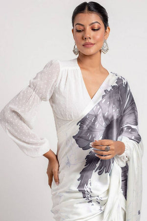 Grey Floral Printed Satin Saree