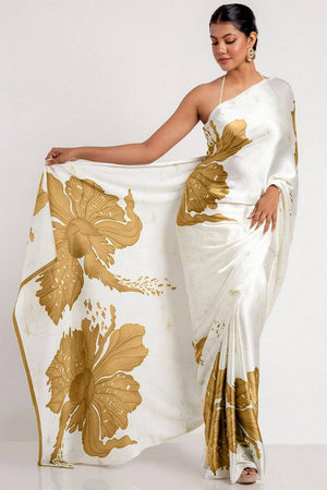Mustard Floral Printed Satin Saree (Sudha-158-D)