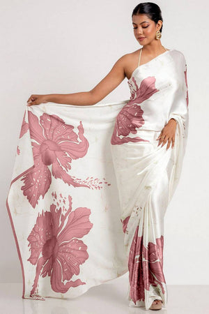 Brown Floral Printed Satin Saree