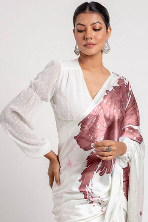 Brown Floral Printed Satin Saree