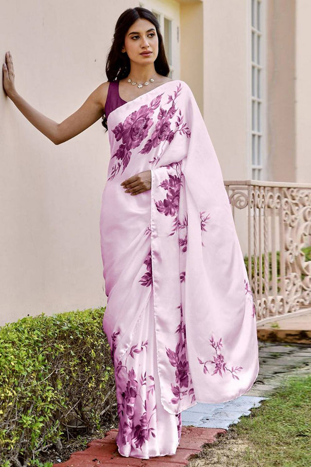 Light Pink Floral Printed Satin Saree