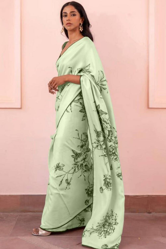 Sea Green Floral Printed Satin Saree
