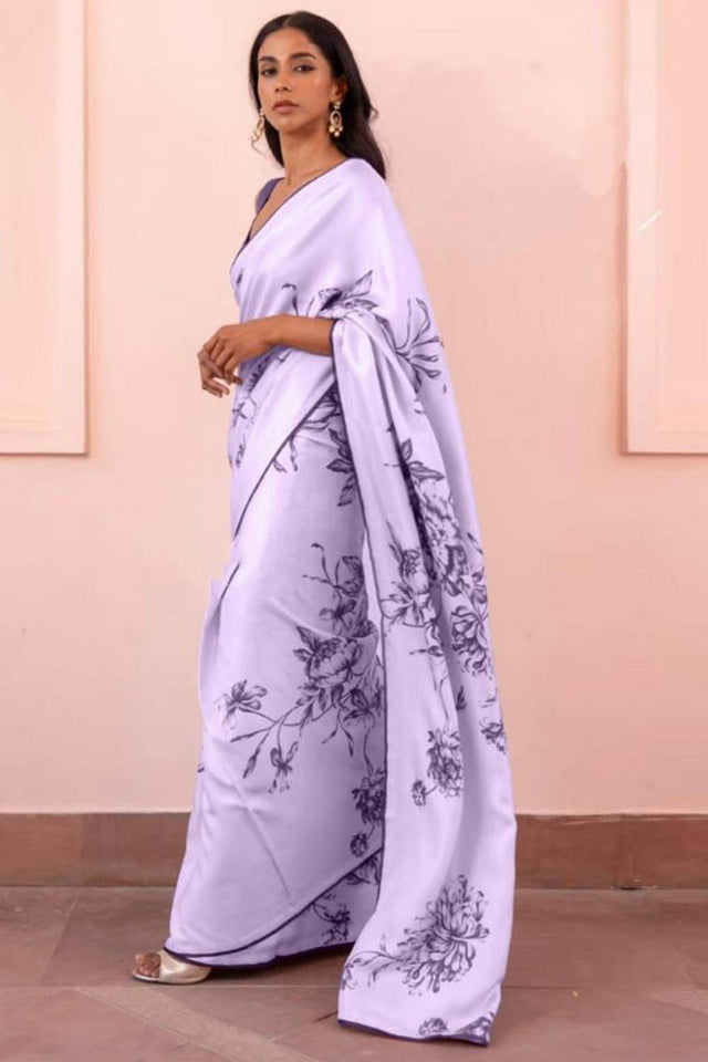 Lavender Floral Printed Satin Saree
