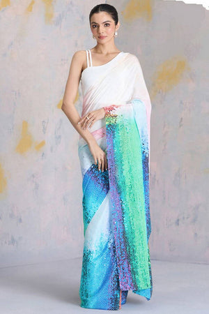 Multi Color Printed Satin Saree