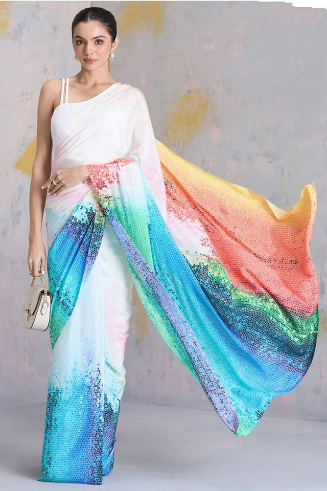 Multi Color Printed Satin Saree
