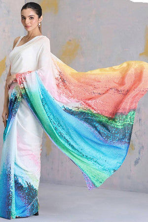 Multi Color Printed Satin Saree