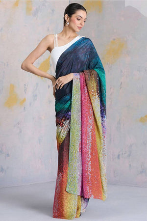 Multi Color Printed Satin Saree