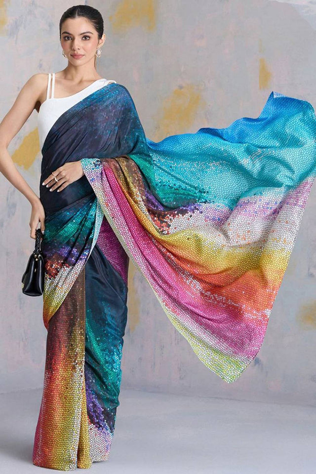 Multi Color Printed Satin Saree