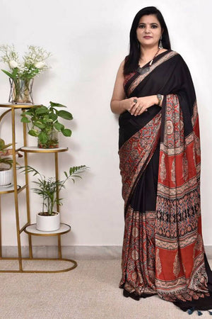 Black Printed Satin Saree