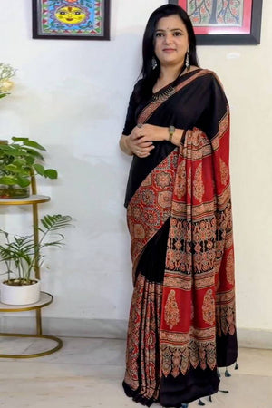 Black Printed Satin Saree