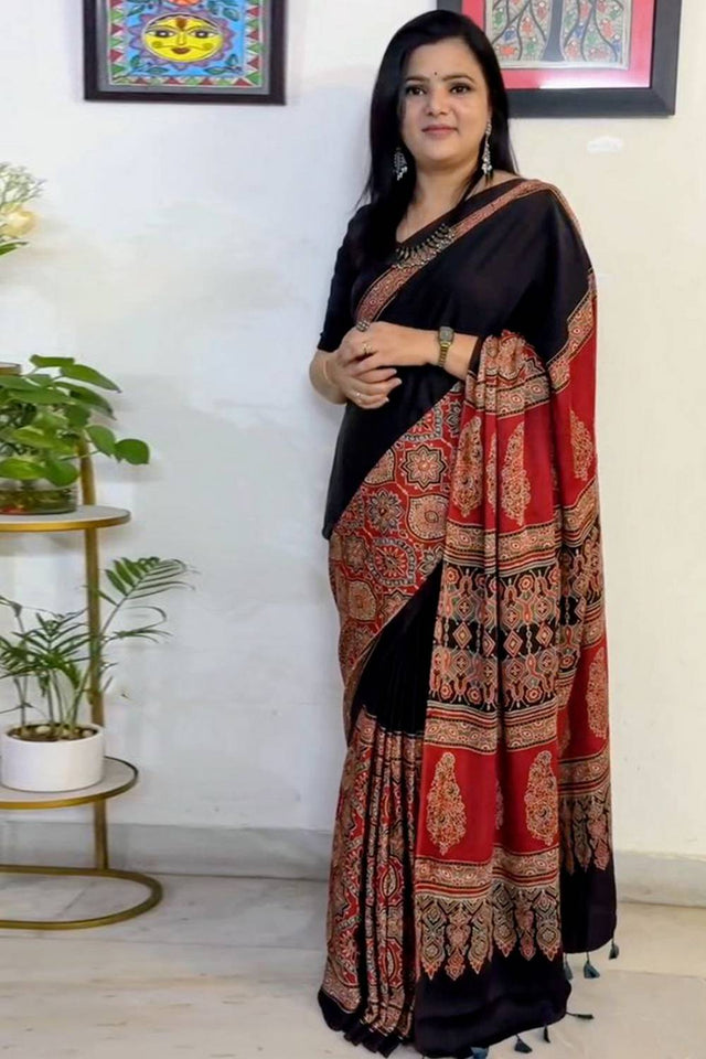 Black Printed Satin Saree