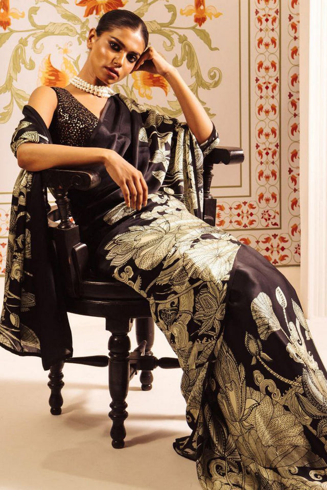 Black Printed Satin Saree (Sudha-164)
