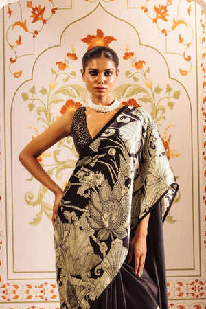 Black Printed Satin Saree (Sudha-164)