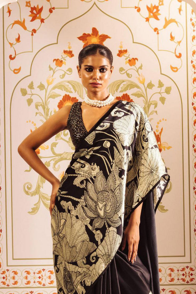 Black Printed Satin Saree (Sudha-164)