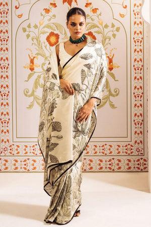 Off White Printed Satin Saree (Sudha-164-A)