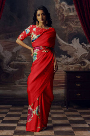 Red Printed Satin Saree (Sudha-165)