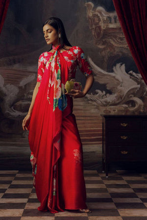 Red Printed Satin Saree (Sudha-165)