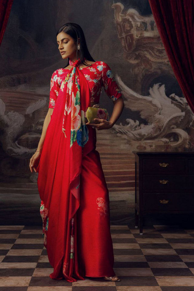 Red Printed Satin Saree (Sudha-165)