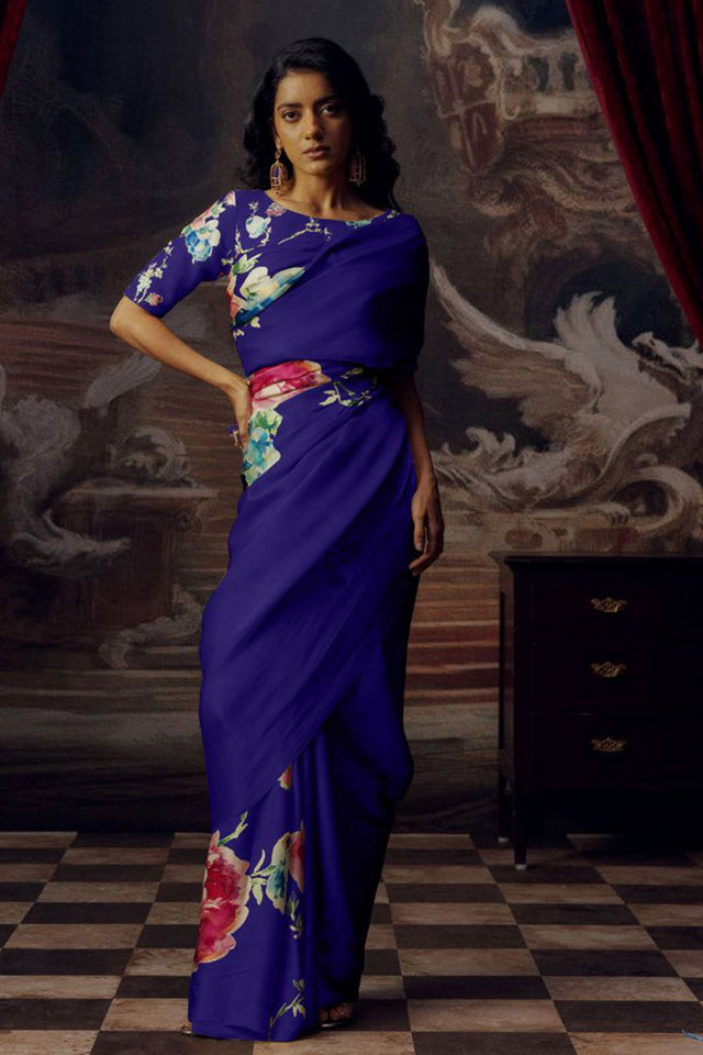 Royal Blue Printed Satin Saree (Sudha-165-A)