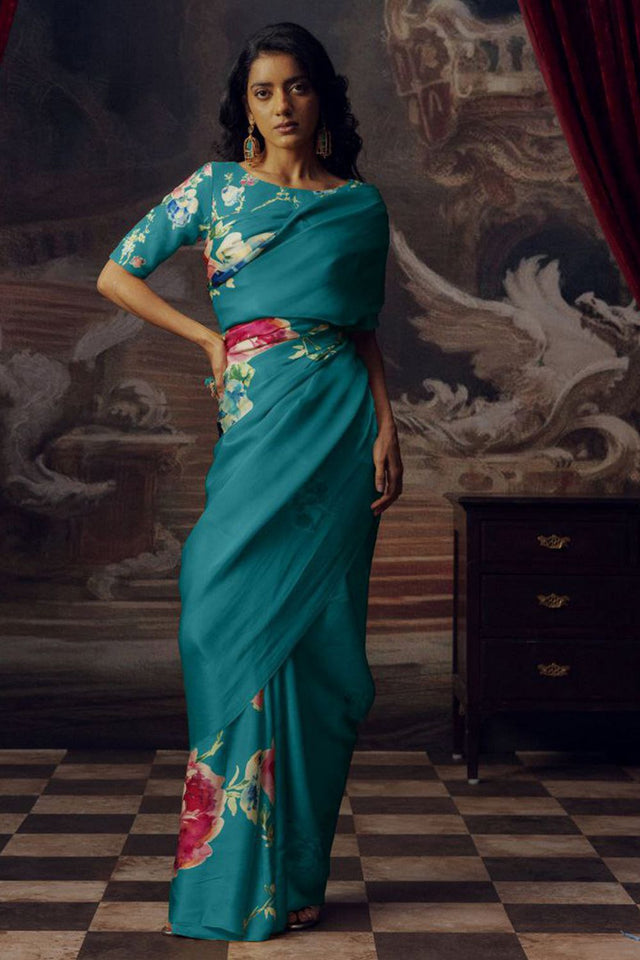 Light Blue Printed Satin Saree (Sudha-165-B)