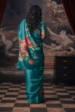 Light Blue Printed Satin Saree (Sudha-165-B)