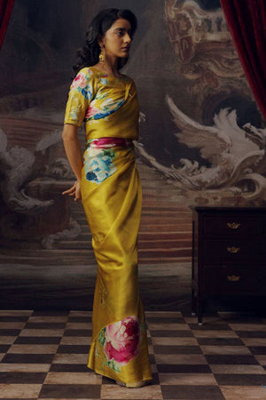 Yellow Printed Satin Saree (Sudha-165-C)