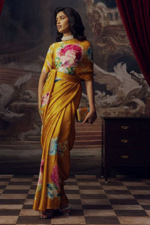 Yellow Printed Satin Saree (Sudha-165-C)
