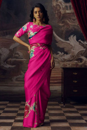 Magenta Printed Satin Saree (Sudha-165-D)