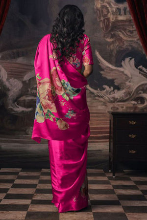 Magenta Printed Satin Saree (Sudha-165-D)