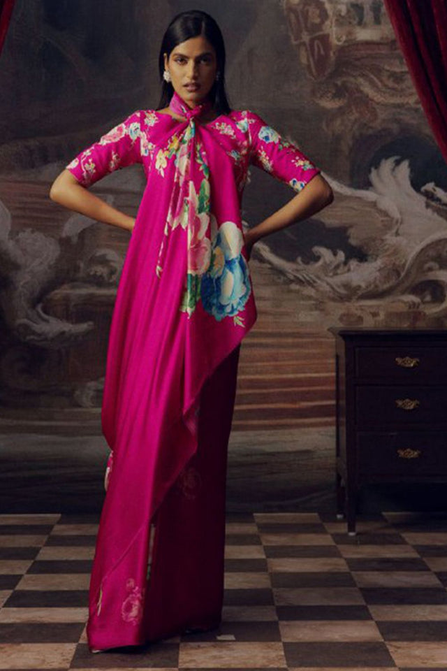 Magenta Printed Satin Saree (Sudha-165-D)