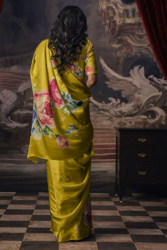 Olive Green Printed Satin Saree (Sudha-165-E)