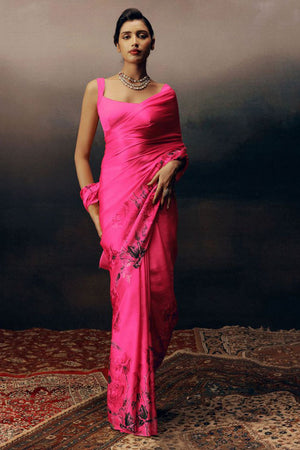 Magenta Printed Satin Saree (Sudha-166-A)