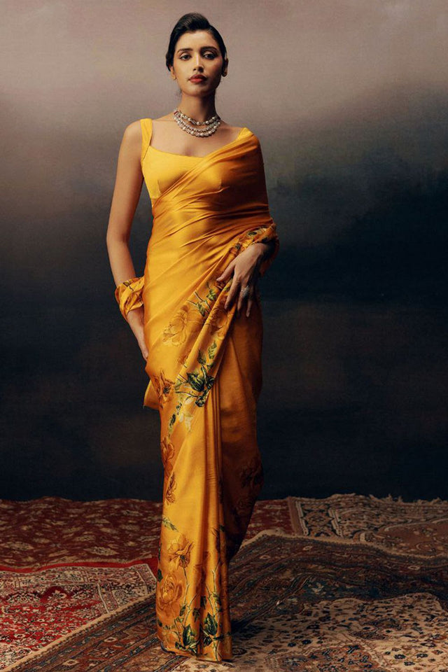 Orange Printed Satin Saree (Sudha-166-B)