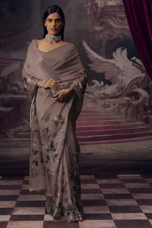 Grey Printed Satin Saree (Sudha-166-D)