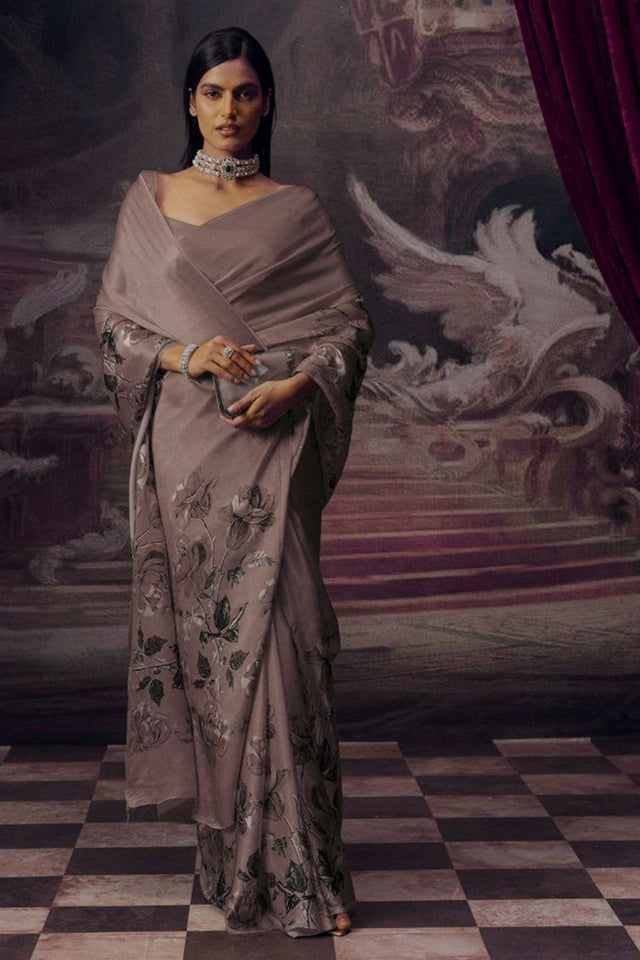 Grey Printed Satin Saree (Sudha-166-D)