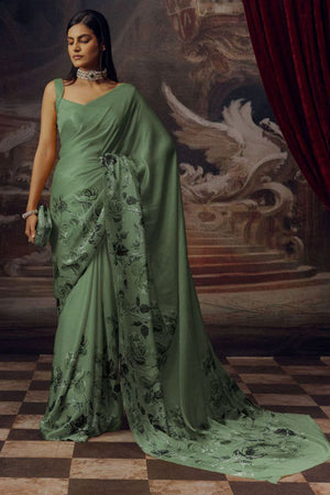 Olive Green Printed Satin Saree (Sudha-166-E)
