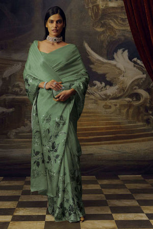 Olive Green Printed Satin Saree (Sudha-166-E)